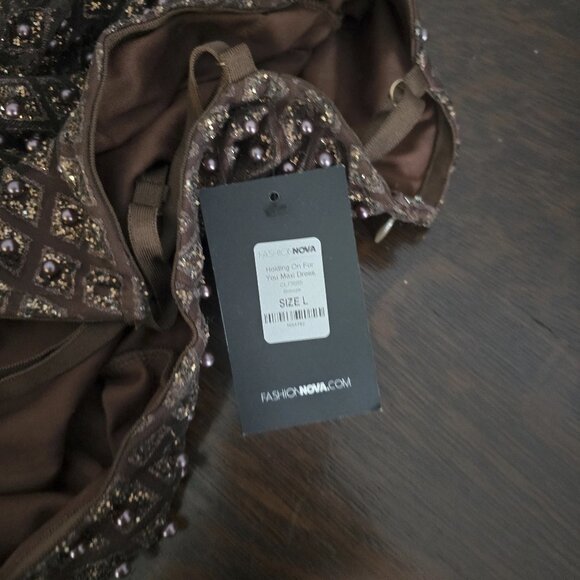 Fashion Nova Beaded Mesh Maxi Gown – Brown / Nude - Picture 4 of 4